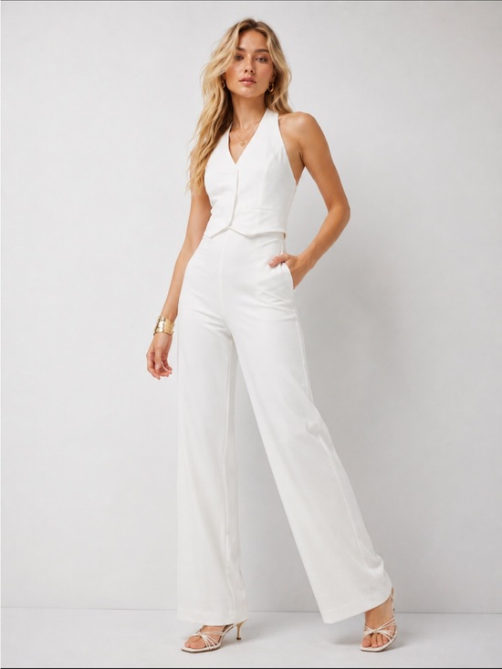 White House Black Market Pants - New! White House Black Market Ecru Halter Vest Wide Leg Jumpsuit 0 54505